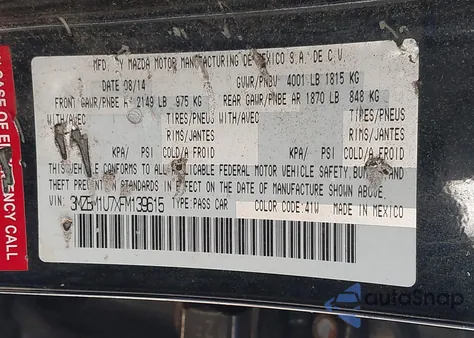 2015 Mazda Mazda3 z USA, uszkodzony, nr VIN 3MZBM1U7XFM139615